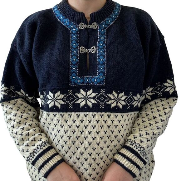 Vintage Norwool Made in Norway Blue Mens Nordic Ski Birdseye Chunky Sweater Sz L - Picture 3 of 5